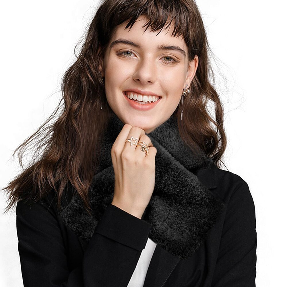3744 Plush Faux Fur Loop Scarf For Women- Thermal Black Neck Warmer Winter